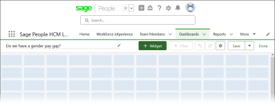 Screenshot showing empty pay gap analysis dashboard ready to add components